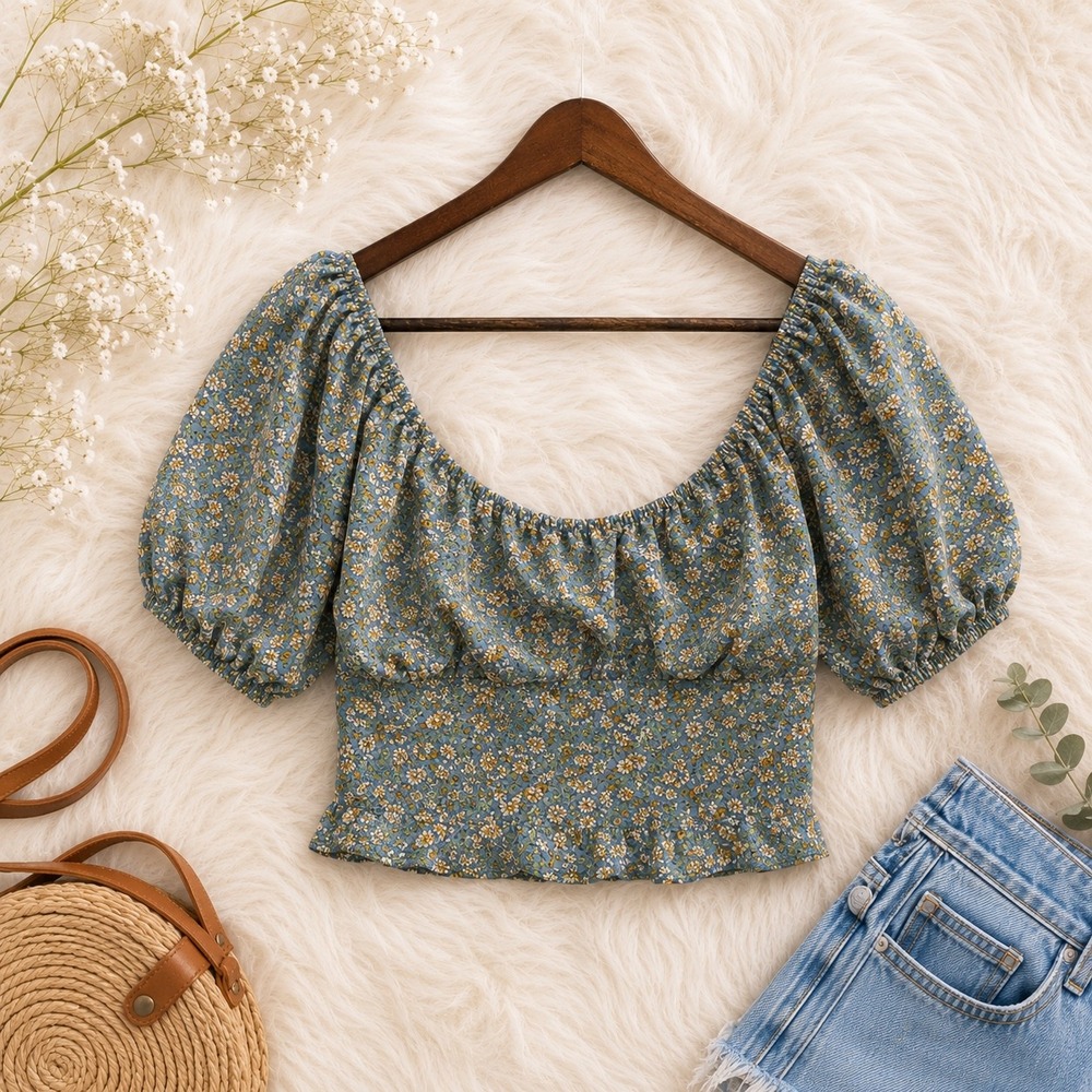 ASTR The Label Ditsy Floral Puff Sleeve Crop Top Blue Smocked Back Tie Bow Med
